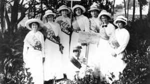 Suffragists, including Gertrude Weil, far left, Mary Borden Graham, fourth from left, and Rowena Borden, far right